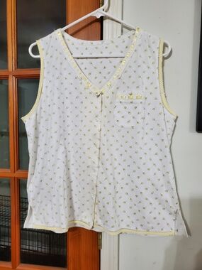 Cottagecore Lemon Print PJ Top Sleeveless Button Front White Yellow Sleepwear